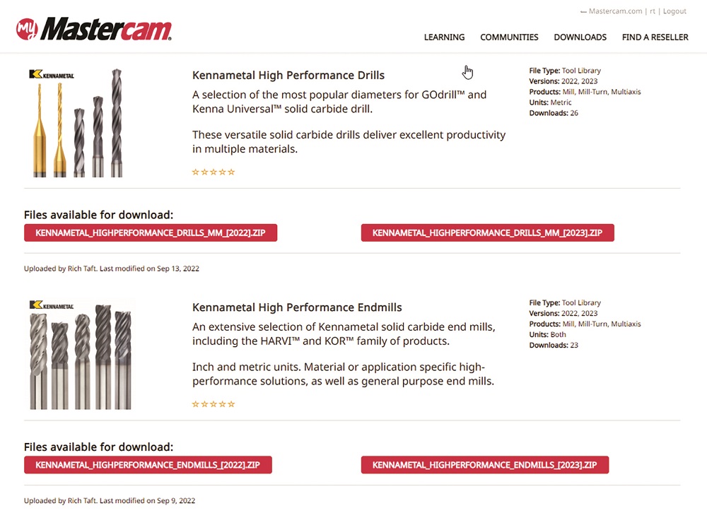 Kennametal tool library available for Mastercam